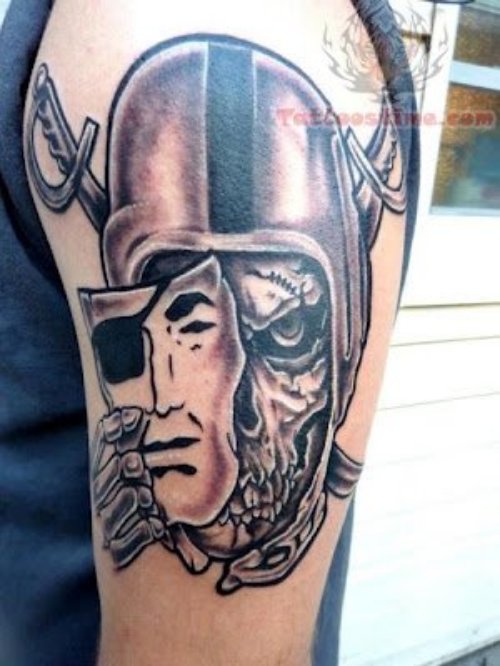 Oakland Raiders Skull Mask Tattoo On Half Sleeve
